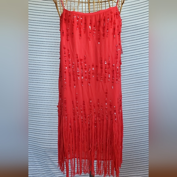 NWT- FREE PEOPLE CRYSTAL CLEAR FRINGE SPARKLE BEADED MINI DRESS RED - Picture 2 of 7